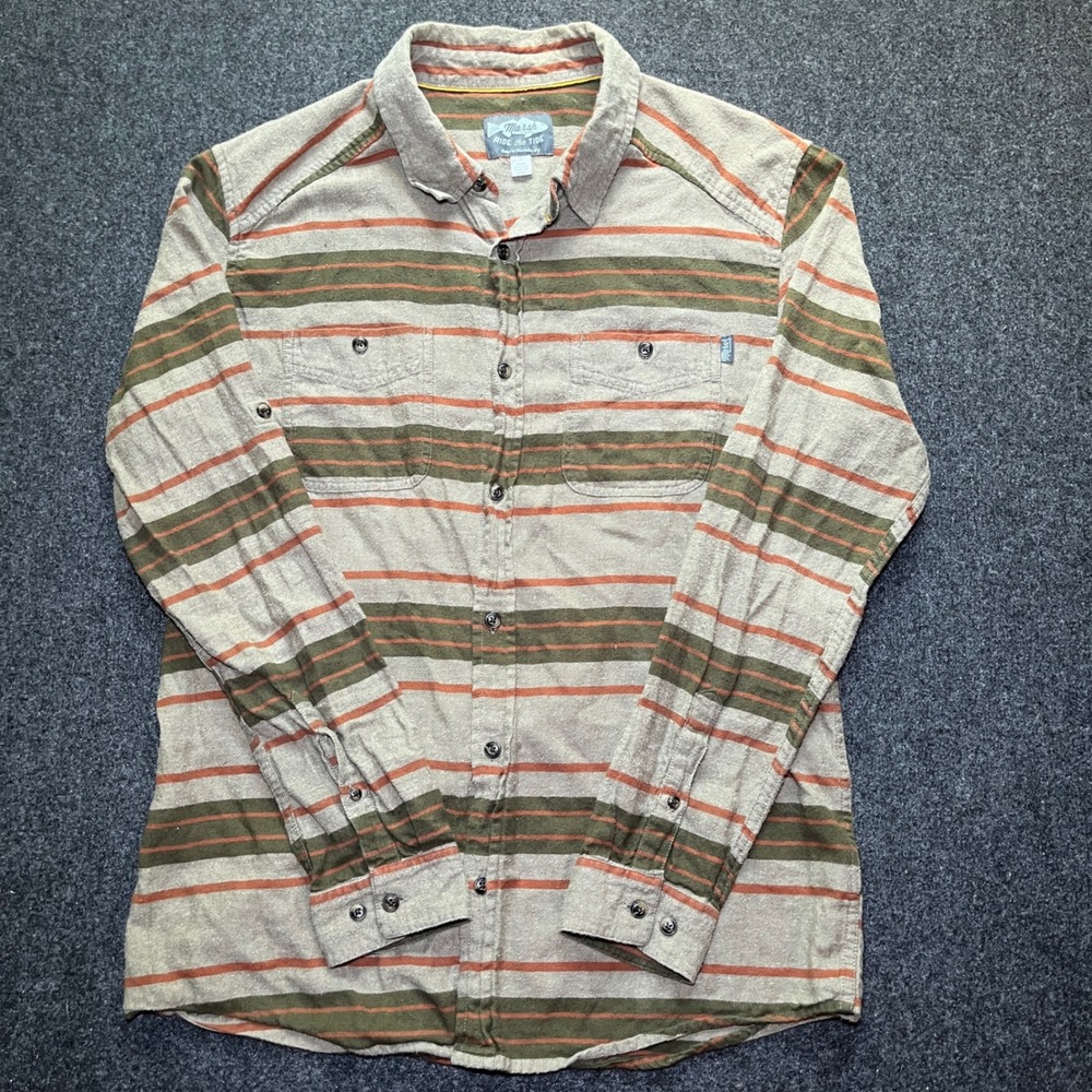 Marsh Wear Button Down Mens Small Tan Green Stripe Roll Tab Flannel - Picture 3 of 6